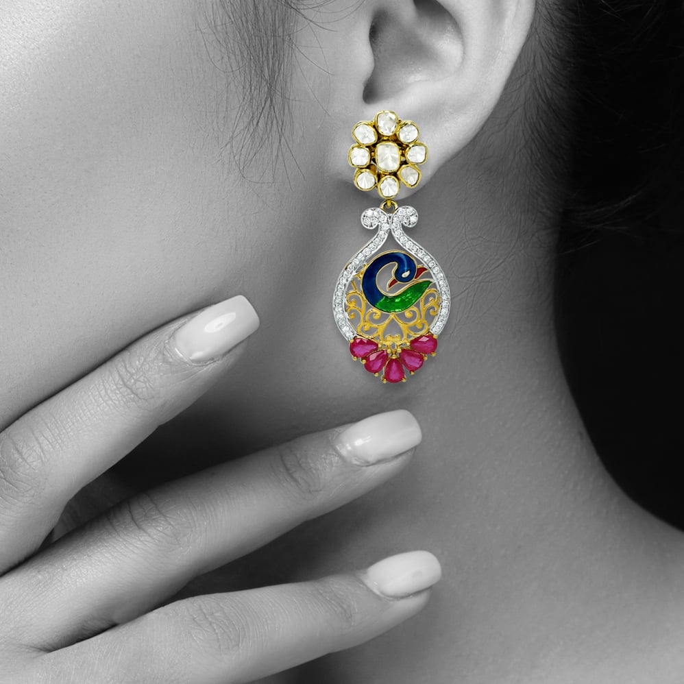 Polki Floral Earrings with Peacock Enamel and Ruby Accents
